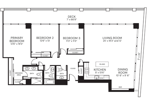 Floor plan for 3 beds, 2.5 baths, 1700 sqft